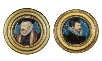 Von links nach rechts: Richard Hilliard (1518-94), der Vater des Künstlers, ca. 1577, und Selbstporträt, 1577